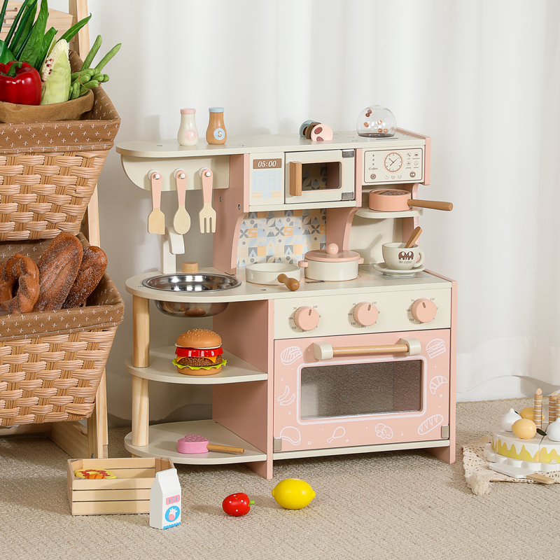 All-In-One Children's Wooden Kitchen Stove &amp; Coffee Machine Toy Set Eco-friendly Non-toxic Includes Utensils For Cooking