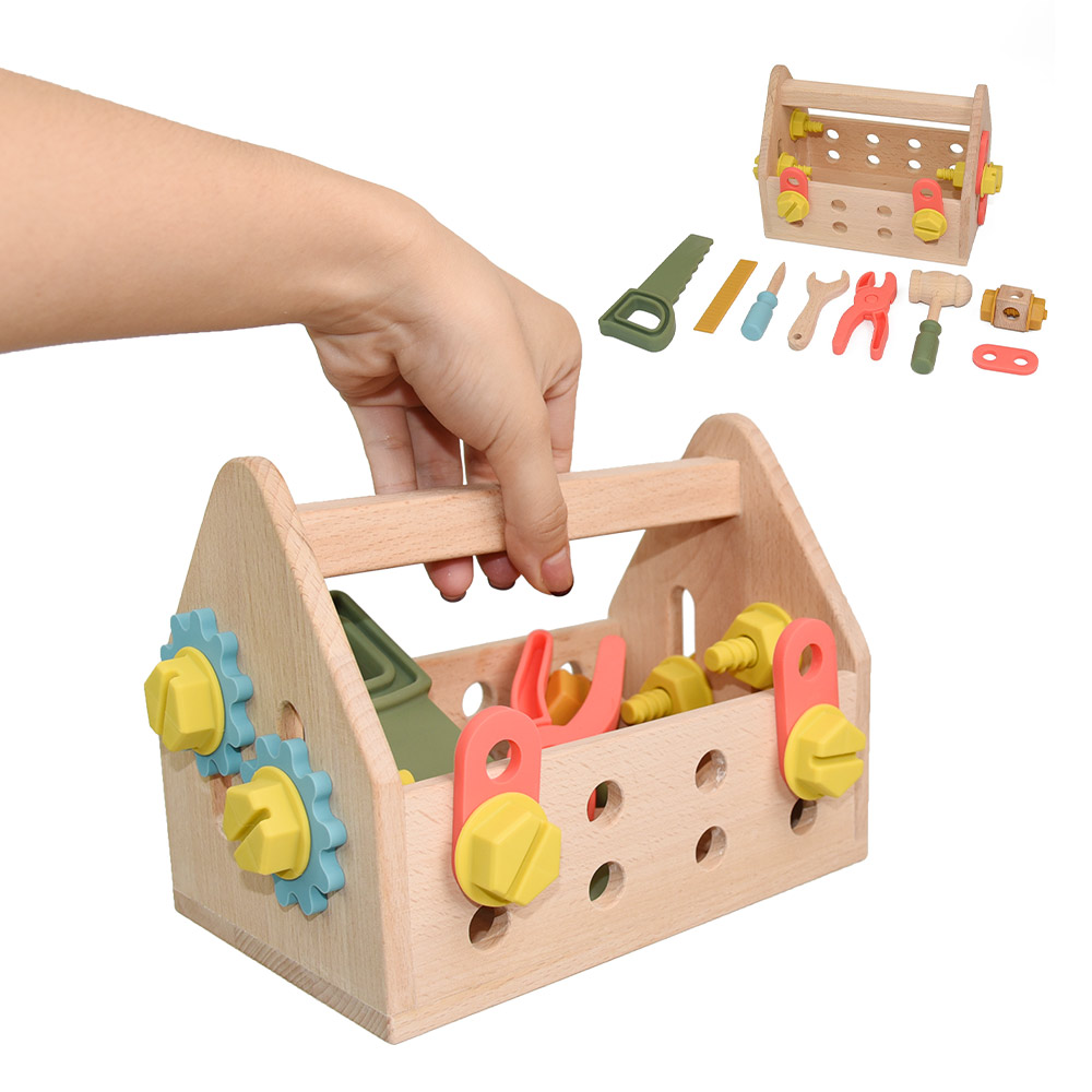 Eco-Friendly Free Bpa Silicone Wooden Role Pretend Play Toy Tools Kit With Tool Box Montessori Educational Construction Toy
