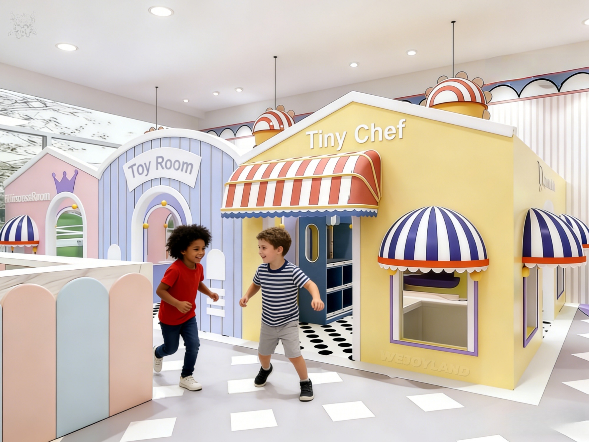 Kid Soft Playground With Mini Town Role Play Area Indoor Entertainment Equipment Playhouse Wooden Coffee Shop For Kid Play Cafe