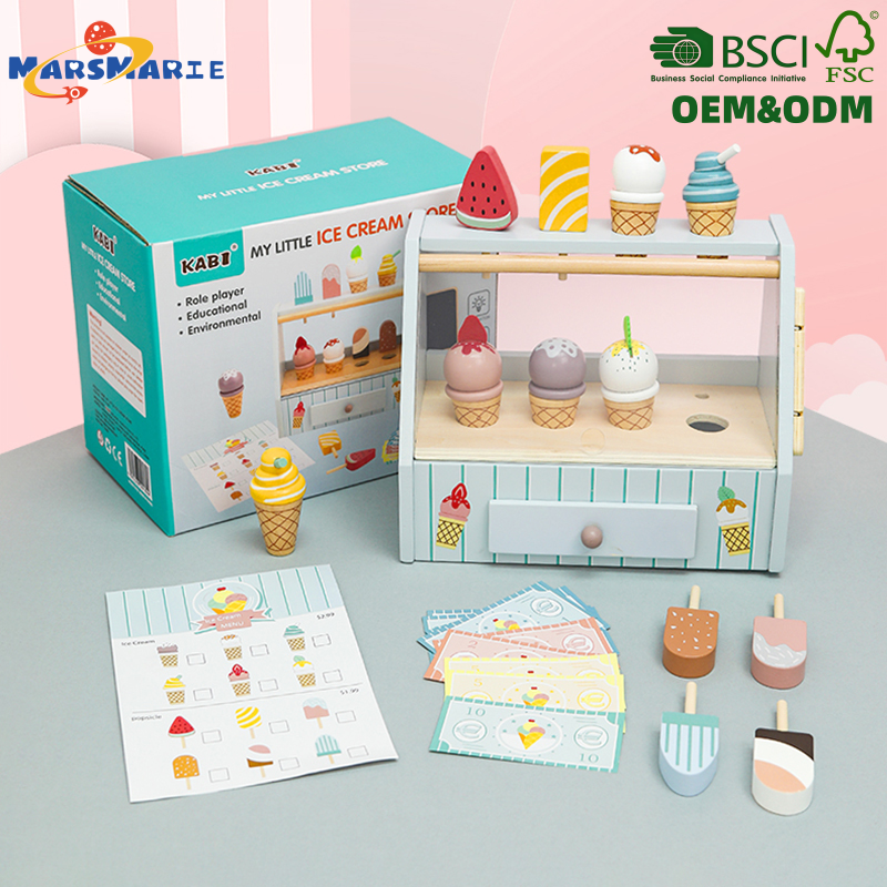 Hot Selling Children's Wooden Pretend Play House Kitchen Girl Games Interactive Wooden Simulation Ice Cream Shop Kids Toy Set