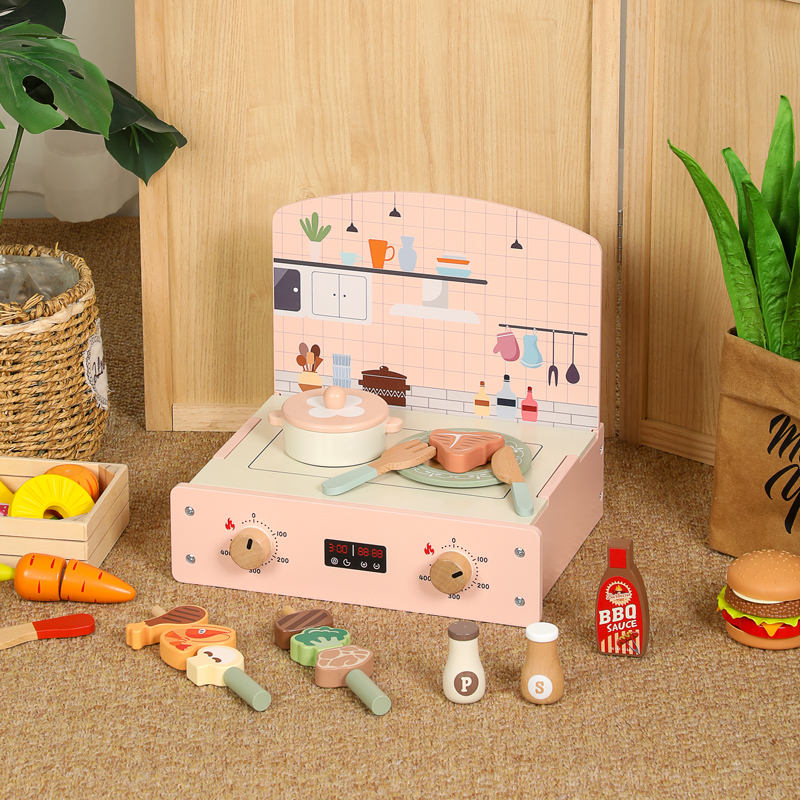 2026 Wooden Mini Portable Kitchen Stove Orange Pretend BBQ Grill Skewer Cooking Set Kids Role Play Toy for Kitchen Play