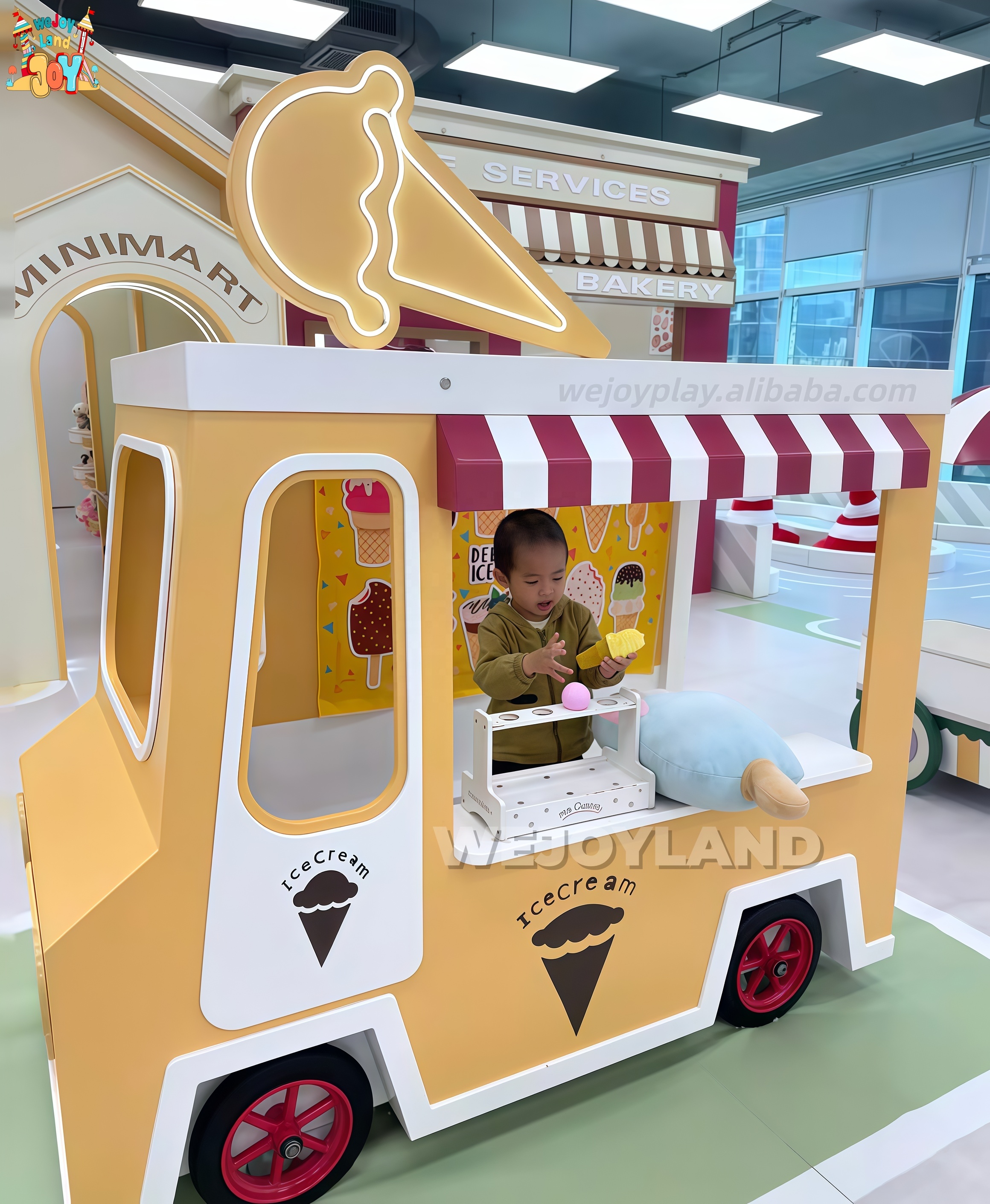 Wooden Pretend Indoor Playground Equipment With Ball Pit Slide Kids Role Play Sensory Ice Cream Truck With Cow For Play Cafe