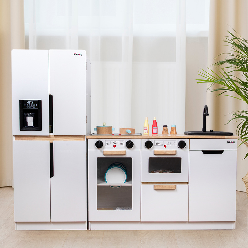 High-quality Mini Fridge Stove Cooking Pots Wooden Kitchen Toy Set for Kids Role Play Fun