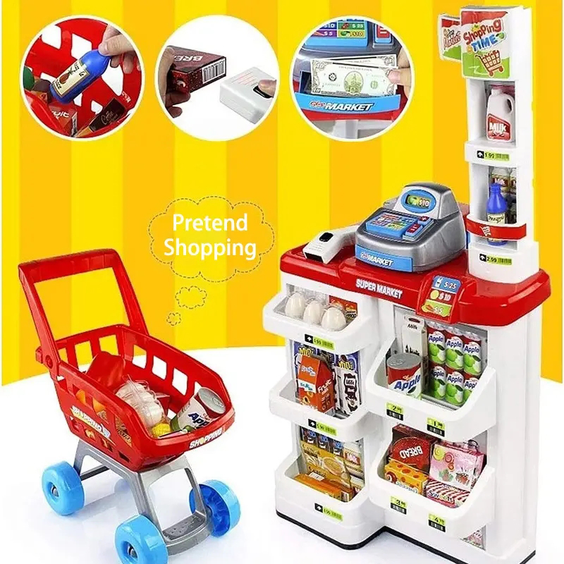 Hot Selling Simulation Pretend Play Supermarket Set with Accessories Shopping Cart &amp; Scanner Educational Role Play Gift for Kids