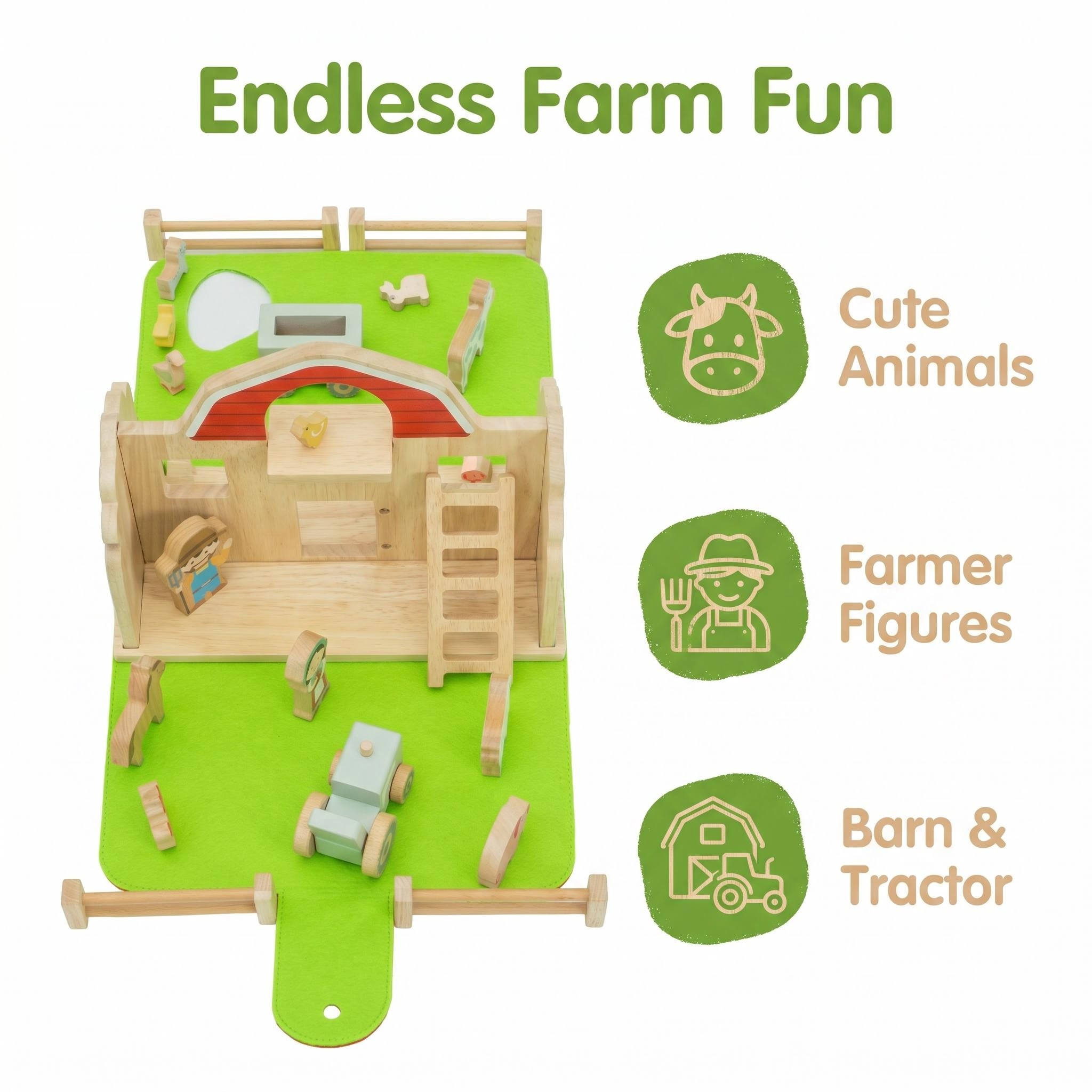 Toddler Wooden Farm Playset Portable Foldable Barn Animals Figures Pretend Play Carry Along Educational Toy for Kids