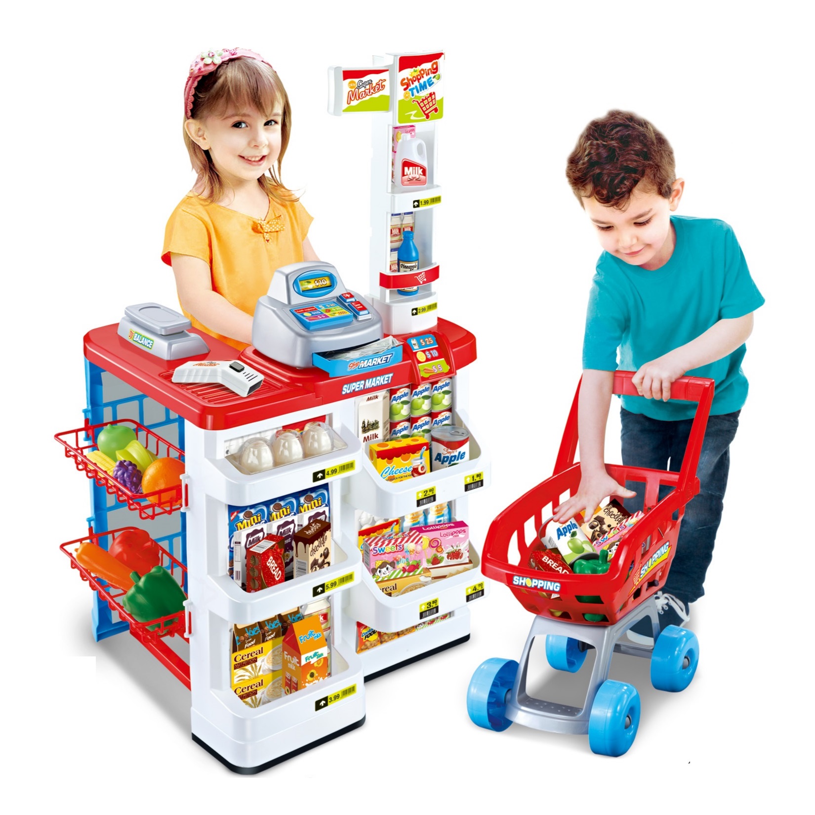 Hot Selling Simulation Pretend Play Supermarket Set with Accessories Shopping Cart &amp; Scanner Educational Role Play Gift for Kids