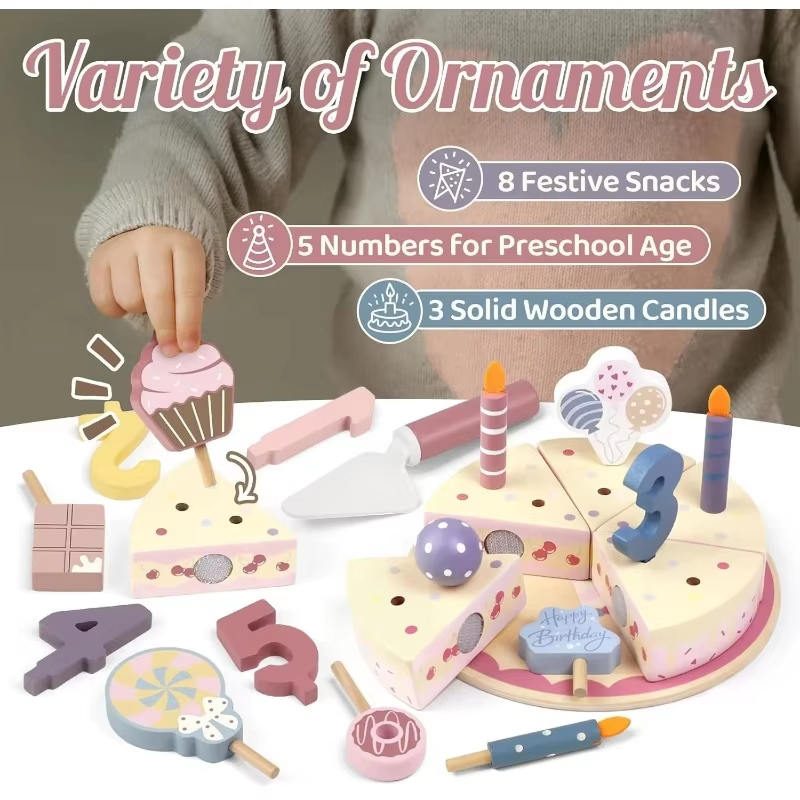 Custom Logo Wooden Kids Kitchen Toys Simulation Birthday Cake Toy Pretend Play Cutting Food Game Children Role Play Toy Gifts