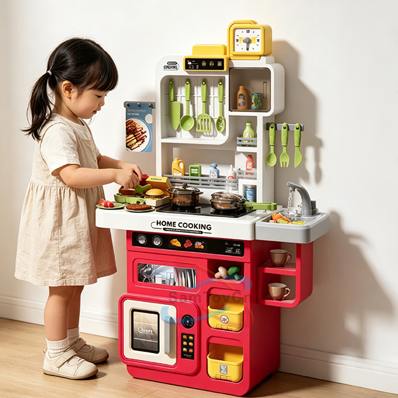 Samtoycn 82CM Luxury Simulation Juguetes Cooking Stove Steam Play Sink Food Accessories Toy Role Play Set Kids Play Kitchen Set