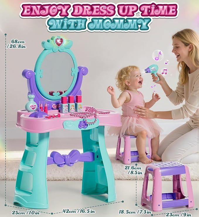 Girls' Plastic Beauty &amp; Fashion Pretend Play Set Includes Dressing Table Music Piano Hair Dryer Children's Chair for Makeup Play