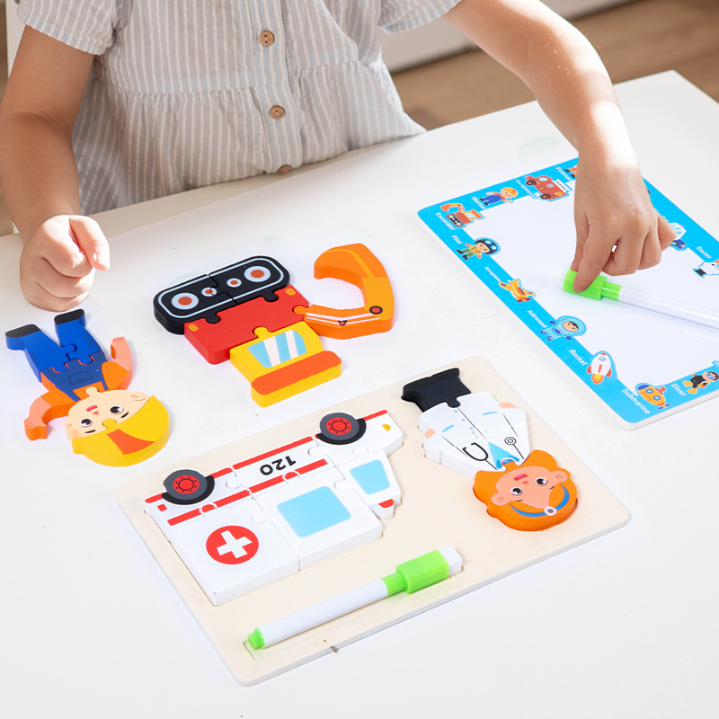 Wholesale Wooden Puzzle Children 3 in 1 Drawing Board Toy Montessori Career Matching Board Educational 3D Puzzles Toys for Kids