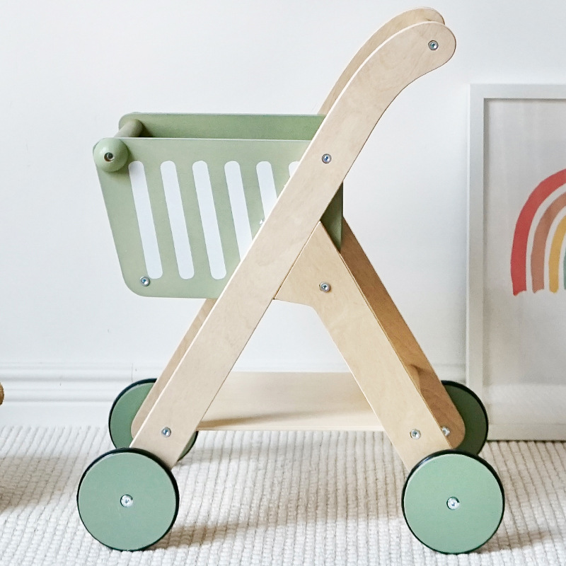 Wooden Grocery Shopping Pretend Play Toy with Shopping Cart Trolley for Preschool Kids