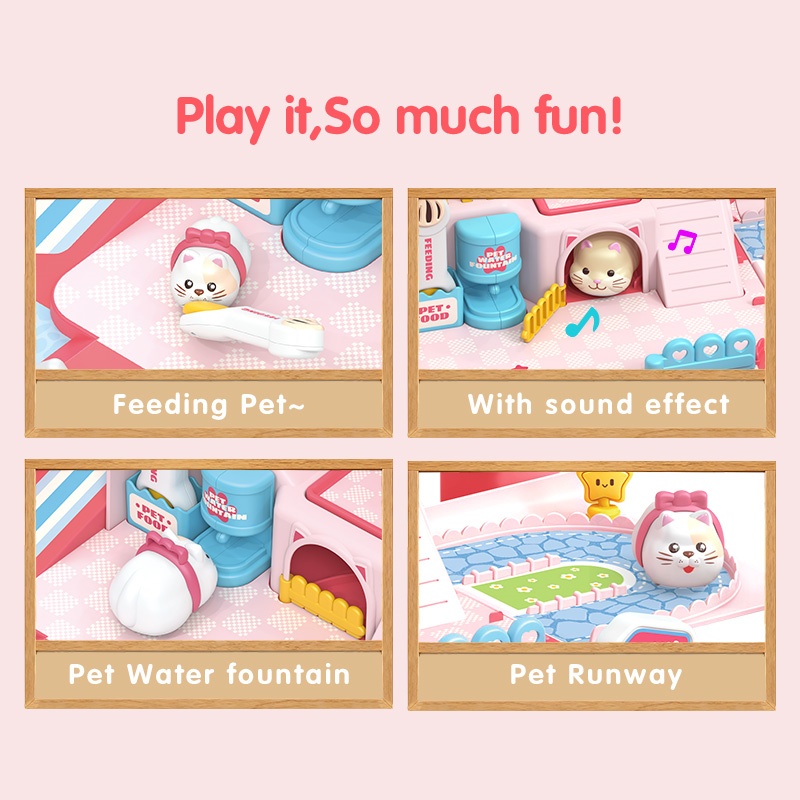 Children Magnetic Play House Pretend Play Toys Set Portable Plastic Pet Magnetic Pink Doll House for Girls and Boys with Sound