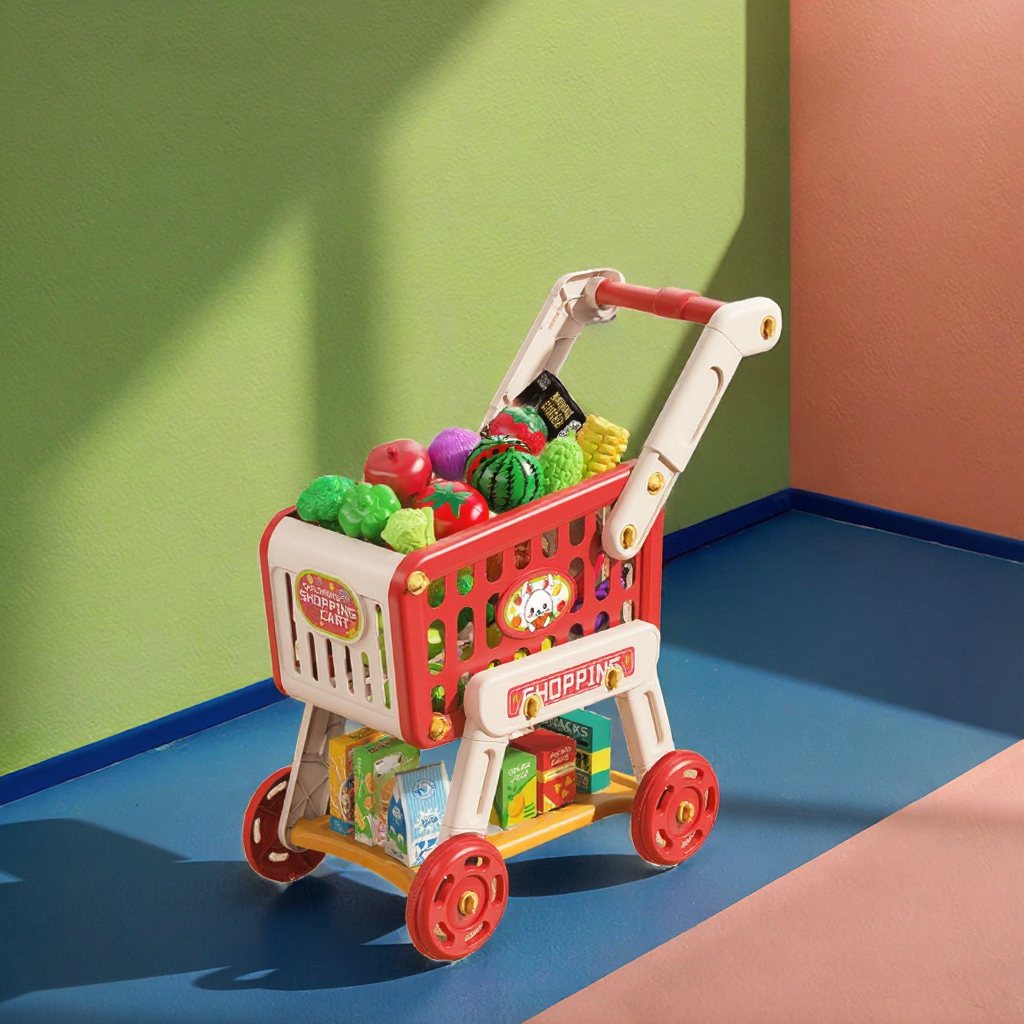 Hotsale Kids Play Plastic Shopping Trolleys with Vegetables Fruits Supermarket for Boys Girls Pretend Play Shopping Cart Toy Set
