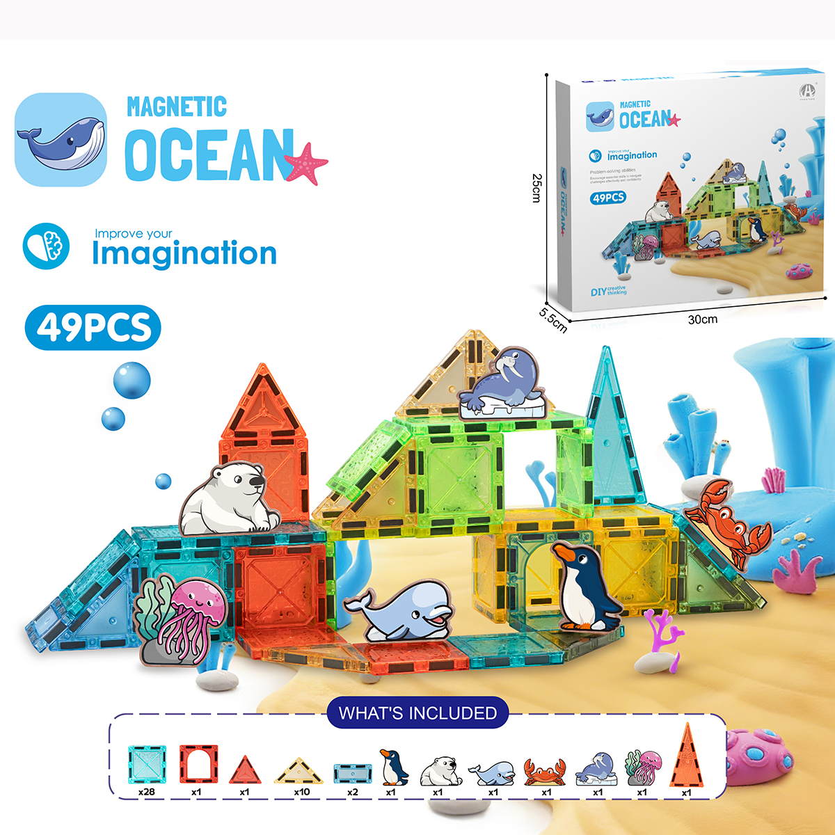 Magnetic Tiles Ocean Animal Building Set, 44PCS STEM Magnetic Construction Blocks, Educational Toys for Kids with Sea Creatures