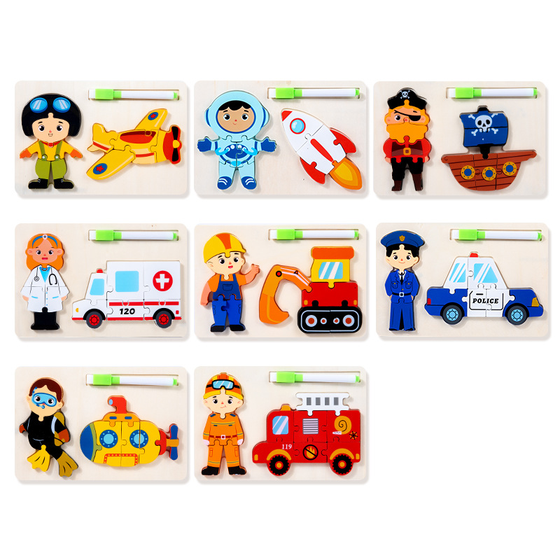 Wholesale Wooden Puzzle Children 3 in 1 Drawing Board Toy Montessori Career Matching Board Educational 3D Puzzles Toys for Kids