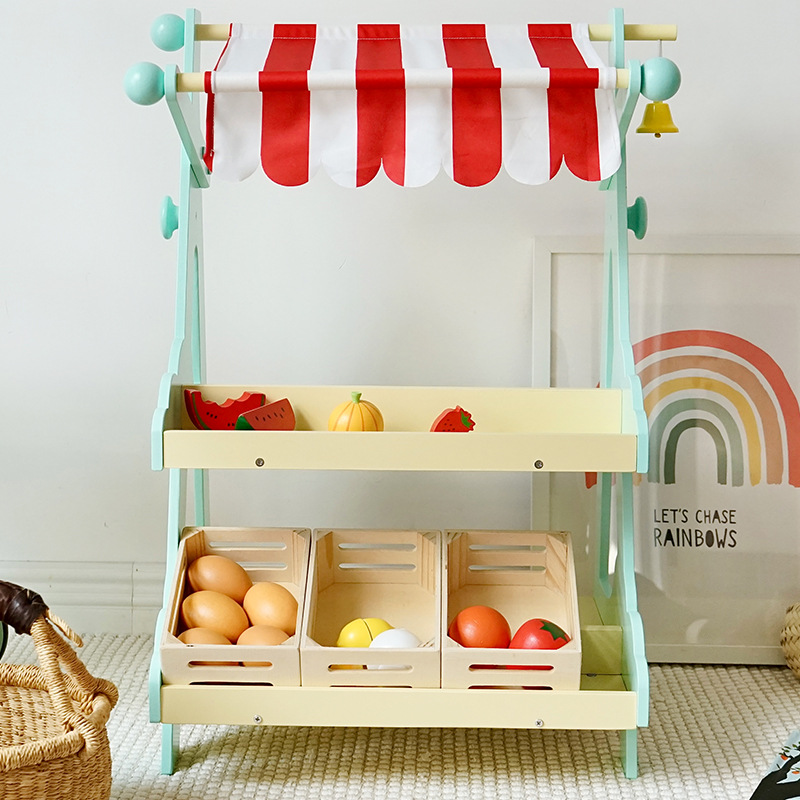 Wooden Grocery Shopping Pretend Play Toy with Shopping Cart Trolley for Preschool Kids