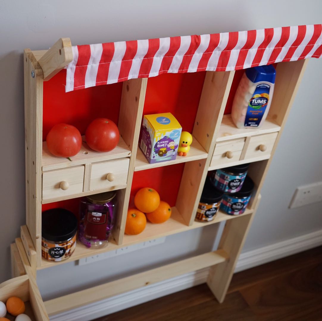Hot Wooden Children Role Play Toy Simulation Shop Wooden Fruits Vegetables Supermarket Grocery Shopkeeper Cart Stand Kitchen Toy