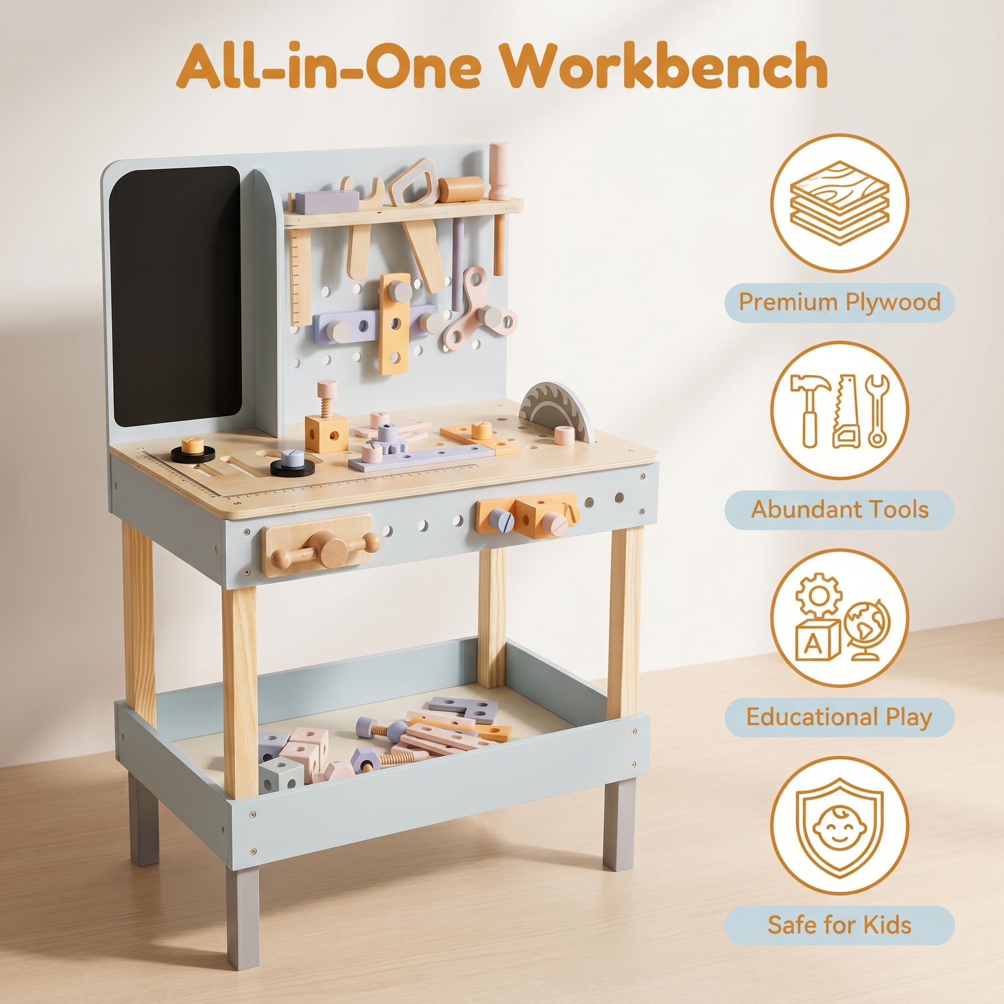 For 5 to 7 Years Old Wooden Kids Tool Workbench Toy with Blackboard Pretend Play Construction Table Playsets Role Play