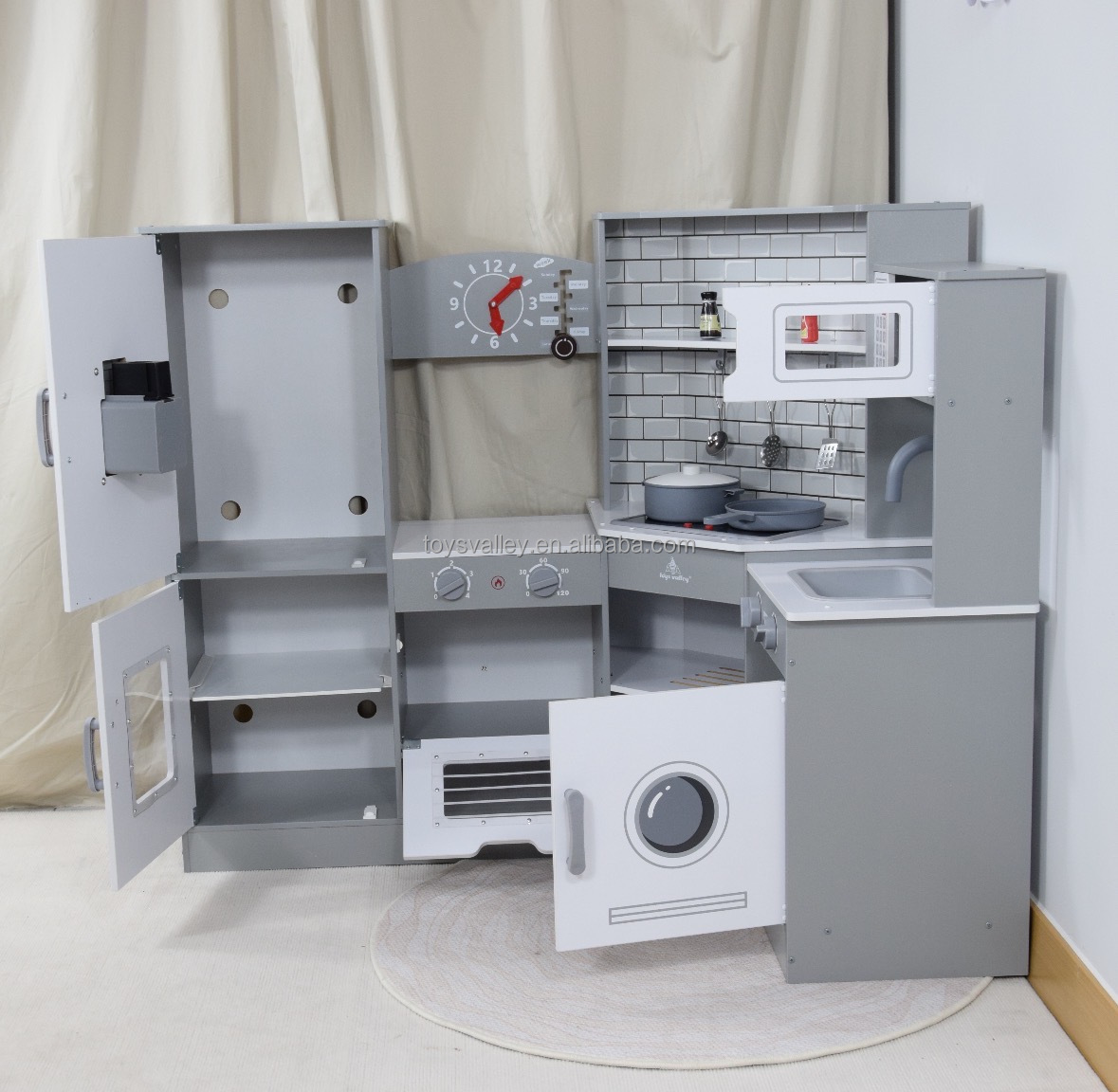 New Design Large MDF Wooden Cooking Pretend Kids Kitchen Play Set with Kitchenware Microwave by Toys Valley
