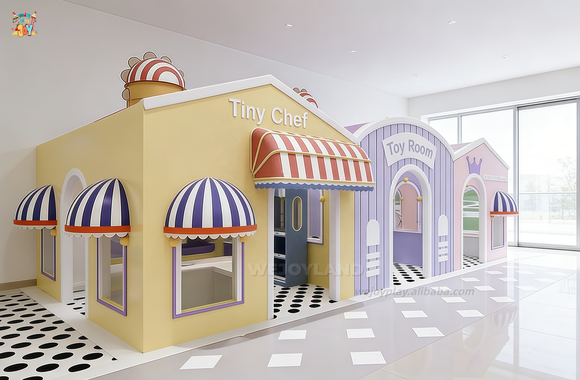Kid Soft Playground With Mini Town Role Play Area Indoor Entertainment Equipment Playhouse Wooden Coffee Shop For Kid Play Cafe
