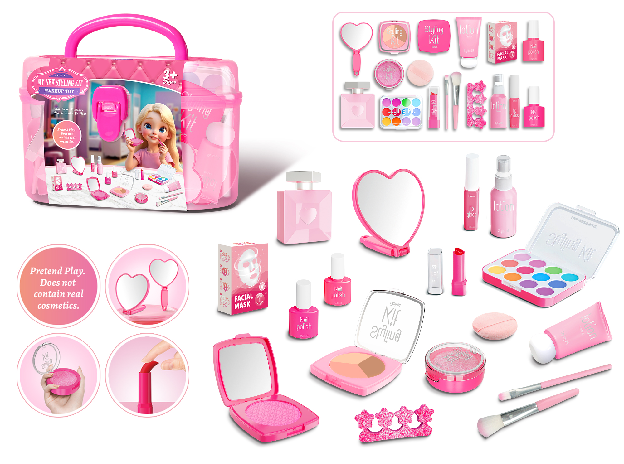FiveStar LED Mirror Set for Little Girls Kids Cosmetic Beauty Pretend Play Toys Simulated Phone Key Light Sounds Plastic