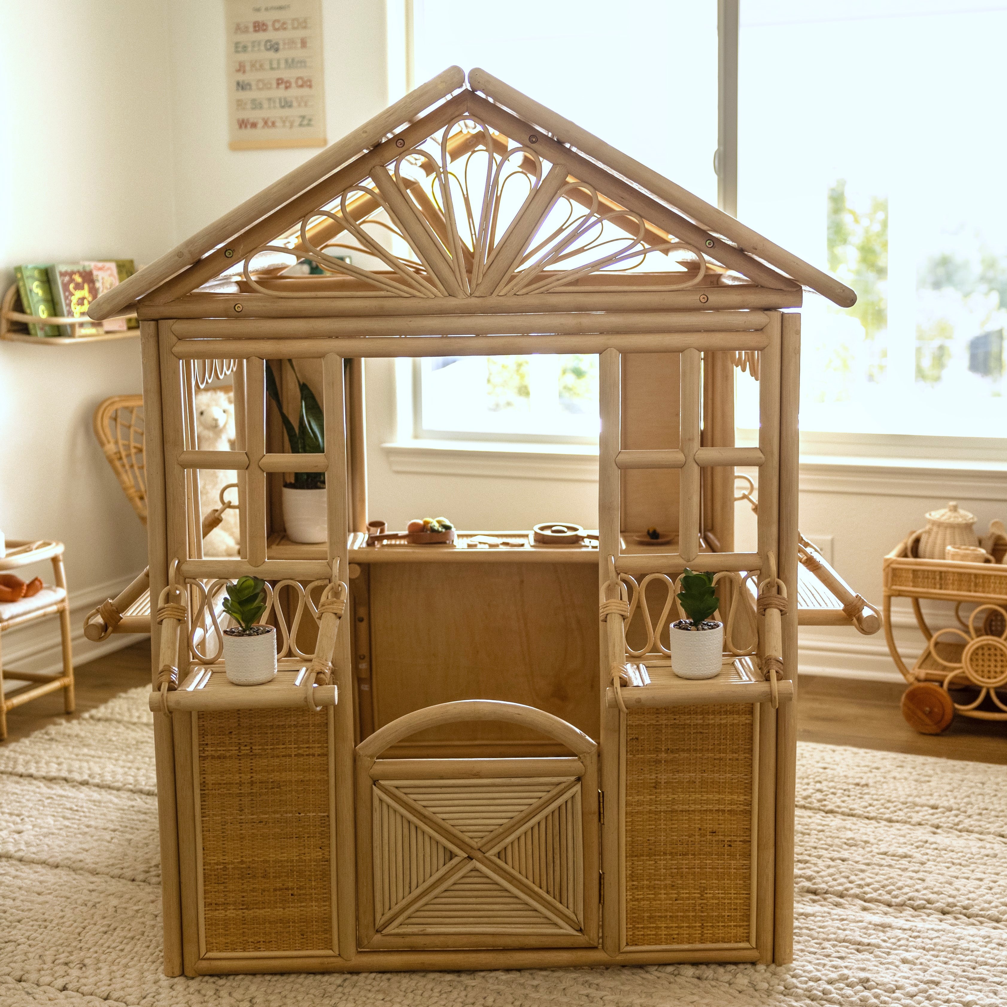 Rattan playhouse set for girls kitchen role play grocery store market stall pretend cafe shops