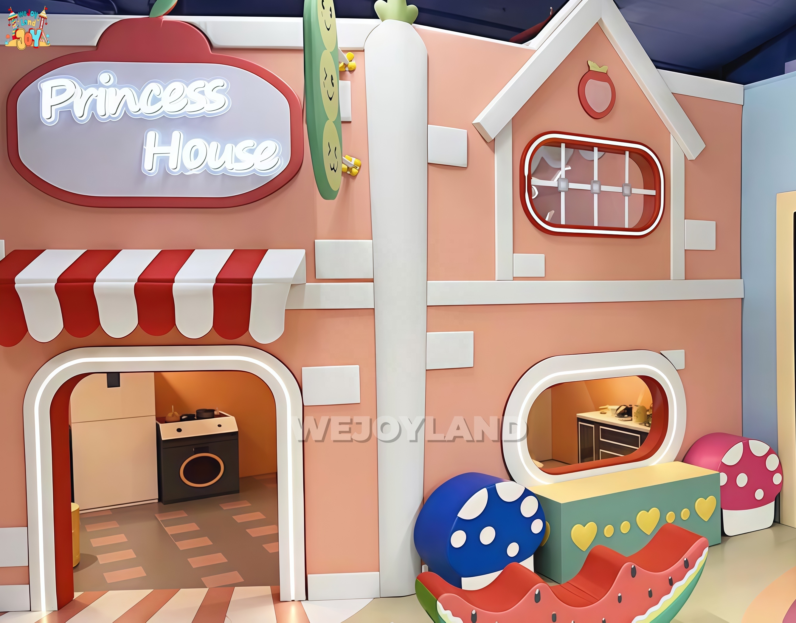 Kid Soft Playground With Mini Town Role Play Area Indoor Entertainment Equipment Playhouse Wooden Coffee Shop For Kid Play Cafe