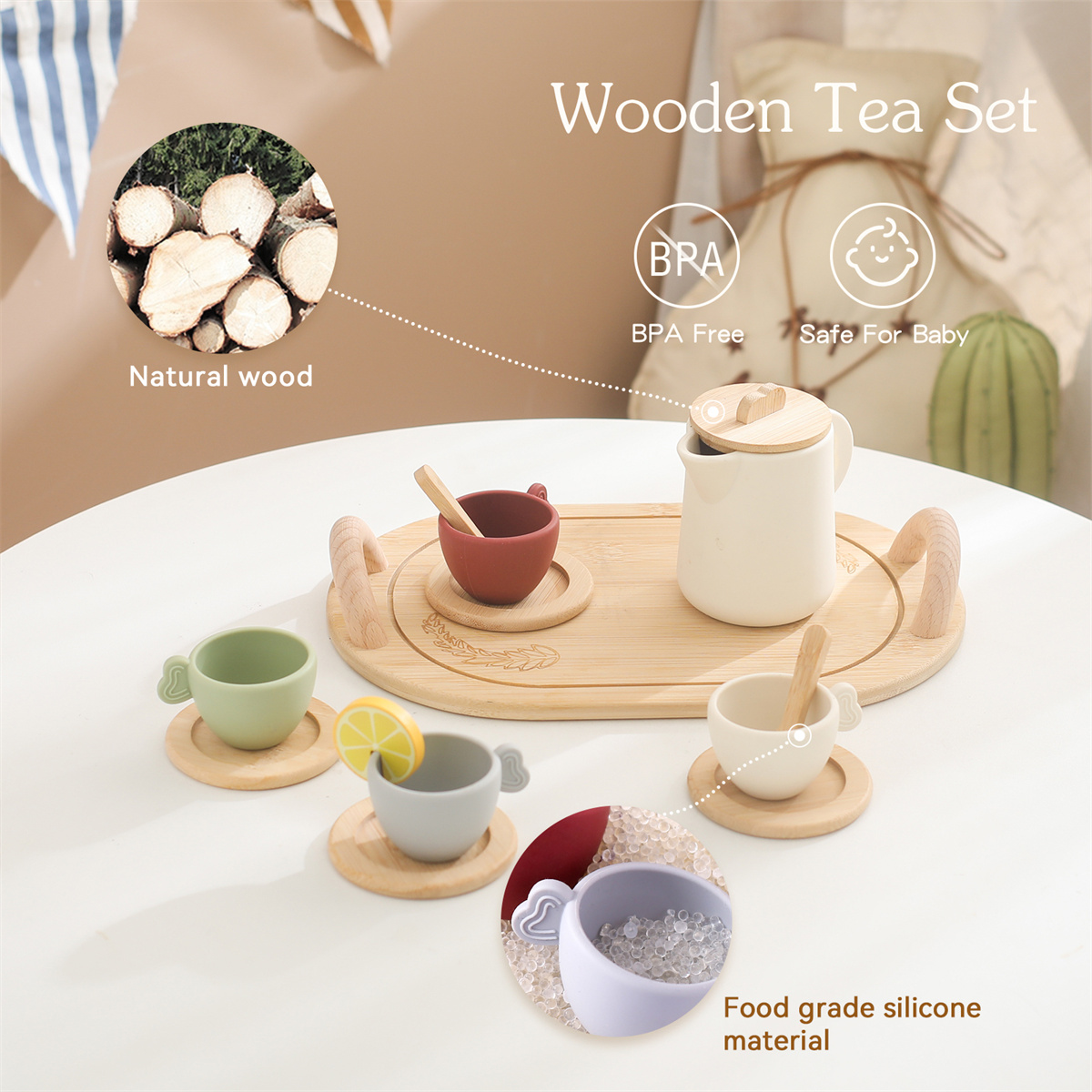 Wholesale Unisex Pretend Play Kitchen Toy Mini Wooden Afternoon Tea Set Educational Cooking Toy for Preschool Kids Made of Wood