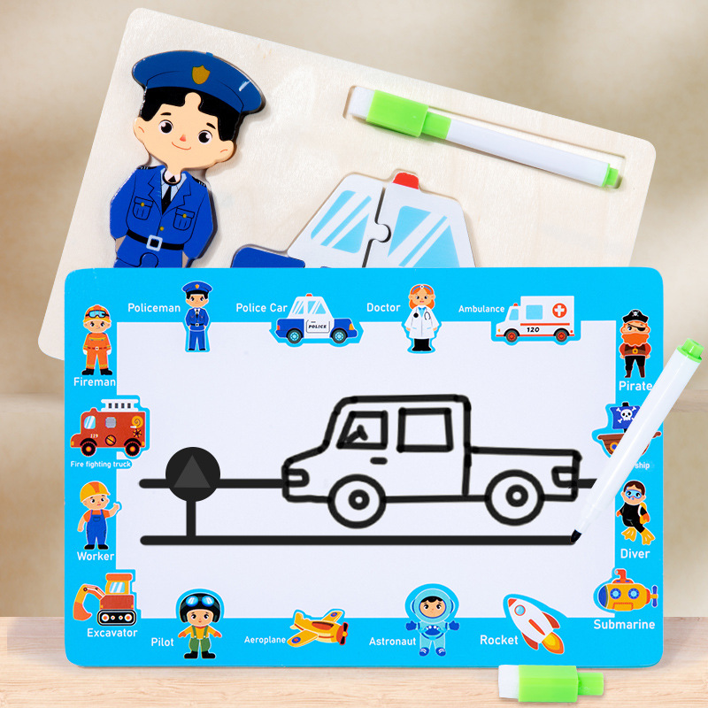 Wholesale Wooden Puzzle Children 3 in 1 Drawing Board Toy Montessori Career Matching Board Educational 3D Puzzles Toys for Kids