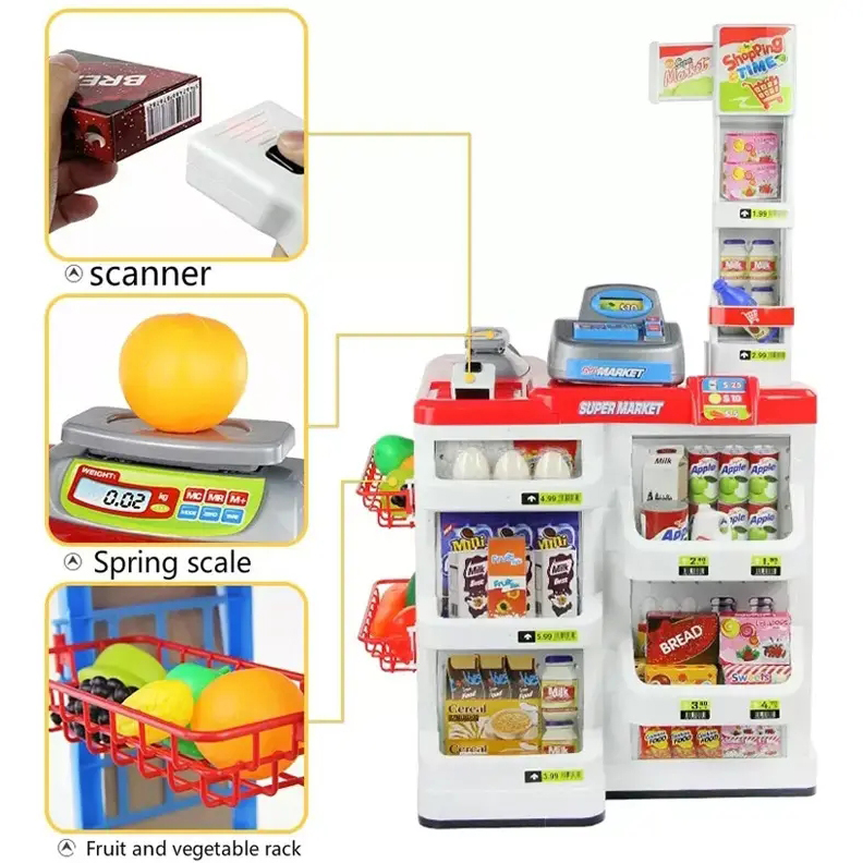 Hot Selling Simulation Pretend Play Supermarket Set with Accessories Shopping Cart &amp; Scanner Educational Role Play Gift for Kids