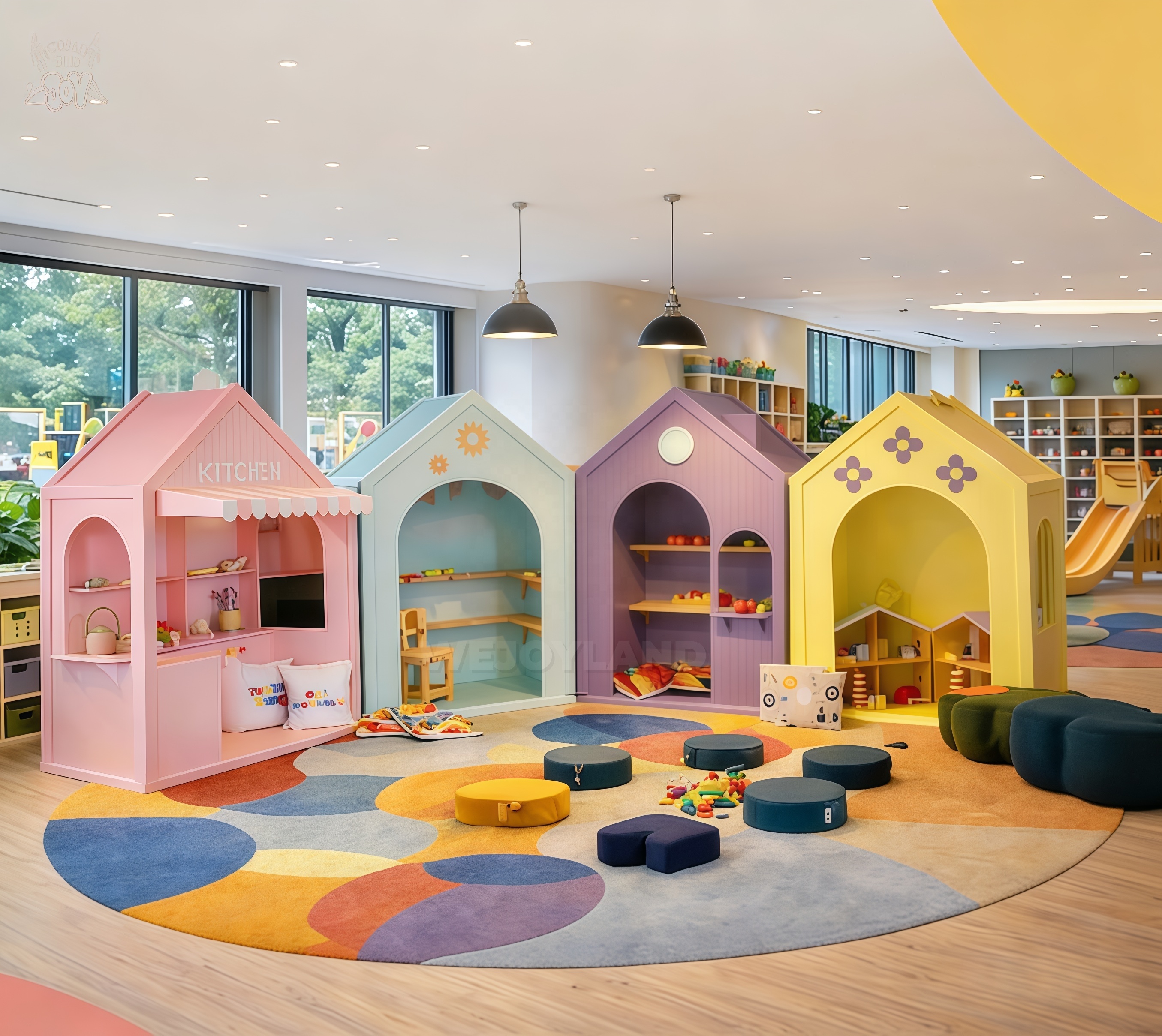 Kid Soft Playground With Mini Town Role Play Area Indoor Entertainment Equipment Playhouse Wooden Coffee Shop For Kid Play Cafe