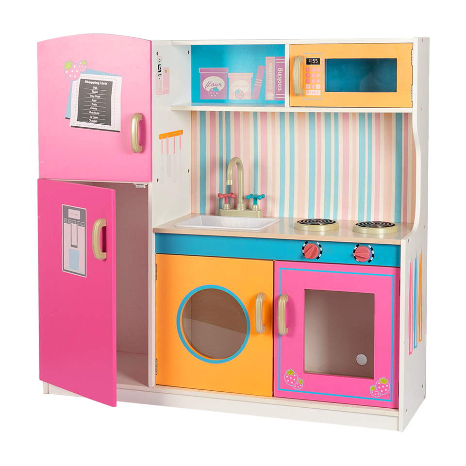 Custom Design Toddler Kids Pretend Play Set Learning Large Wooden Kitchen Toys With Cabinet