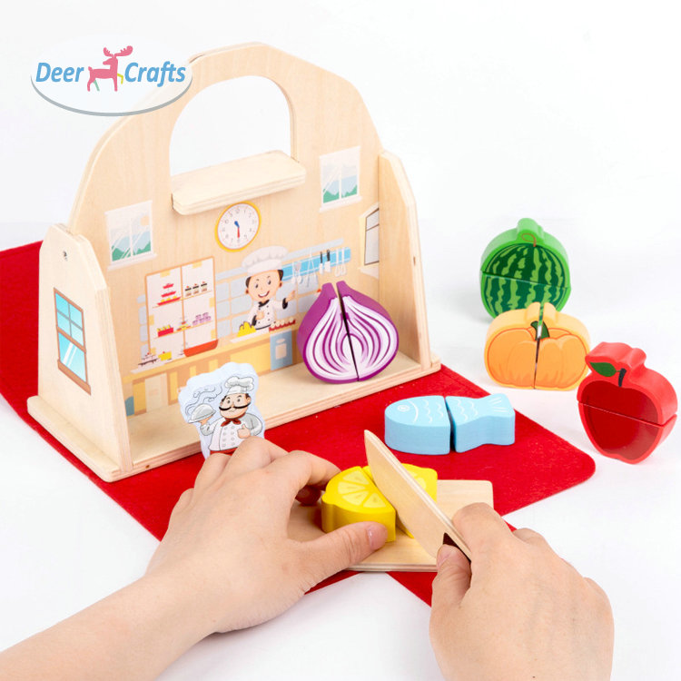 Wooden 3-in-1 Play House Set: Kitchen, Bathroom &amp; Cutting Toys with Portable Handbag DD10885