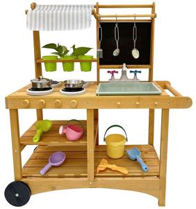 COMMIKI Wooden Outdoor Kids Mud Kitchen Tool Stand Pretend Construction Sand Table Role Toy for Hands on Educational Play
