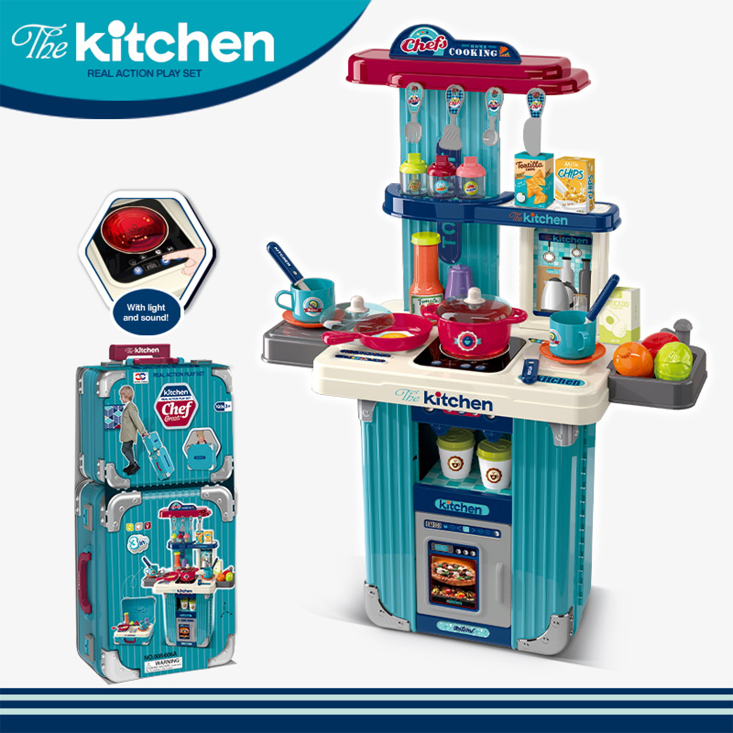 3 in 1 Plastic Kids Kitchen Set Toy Suitcase Pretend Play Preschool Cooking Game Toy Tableware Kitchen Toys for Girls