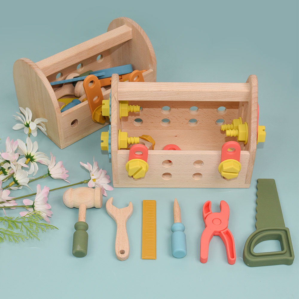 Eco-Friendly Free Bpa Silicone Wooden Role Pretend Play Toy Tools Kit With Tool Box Montessori Educational Construction Toy