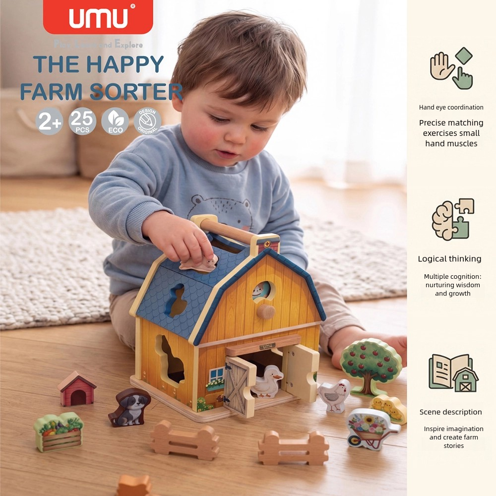 Happy Farm Wooden Scene Toy Children's Farm Assembly Pretend Play Educational Toy Animal Farm Cognition Enlightenment Gift
