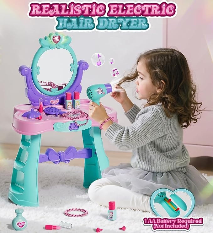 Girls' Plastic Beauty &amp; Fashion Pretend Play Set Includes Dressing Table Music Piano Hair Dryer Children's Chair for Makeup Play