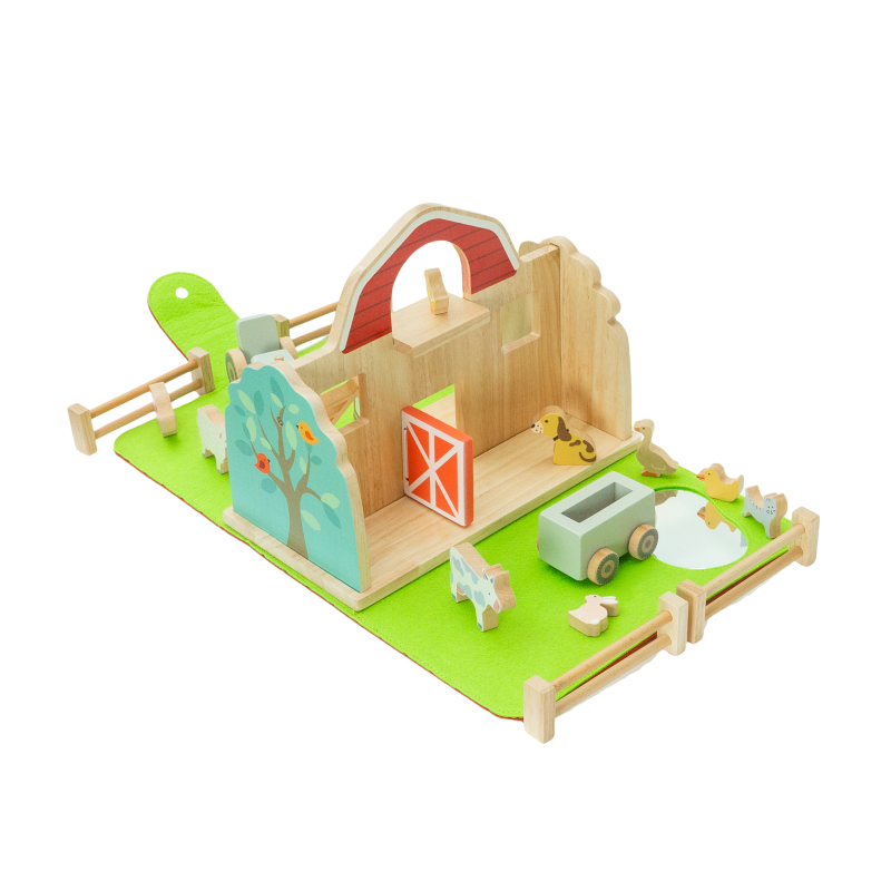 Toddler Wooden Farm Playset Portable Foldable Barn Animals Figures Pretend Play Carry Along Educational Toy for Kids