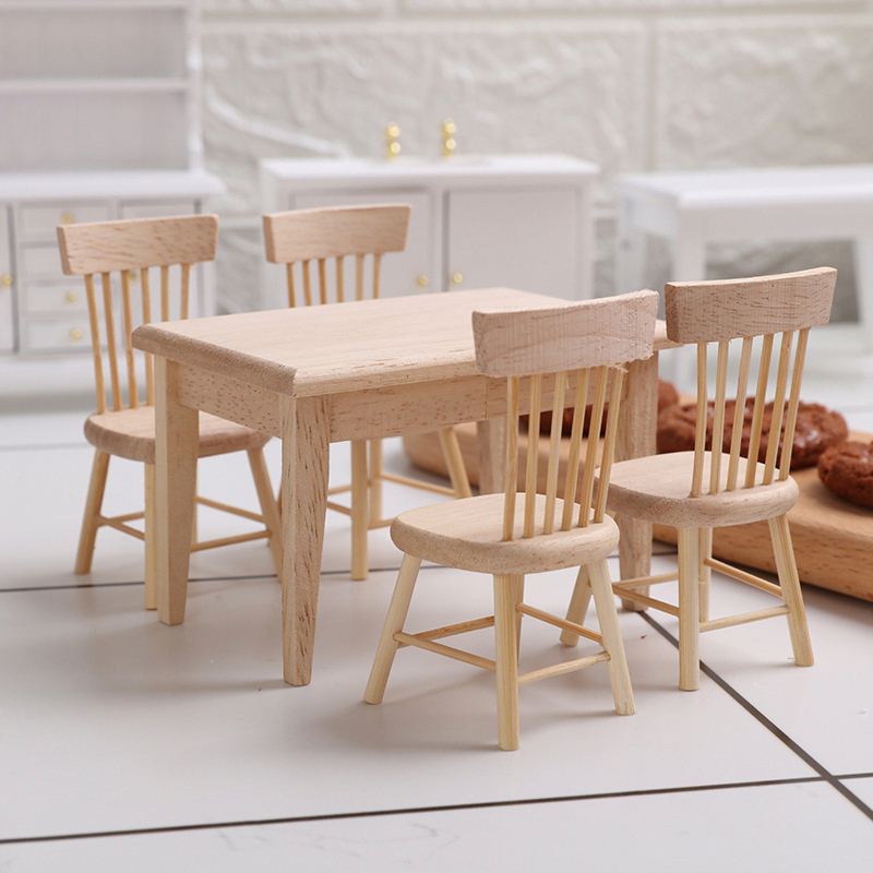 Oak Wood Play House Toy Mini Kitchen Toys Table and Chairs Doll House Furniture