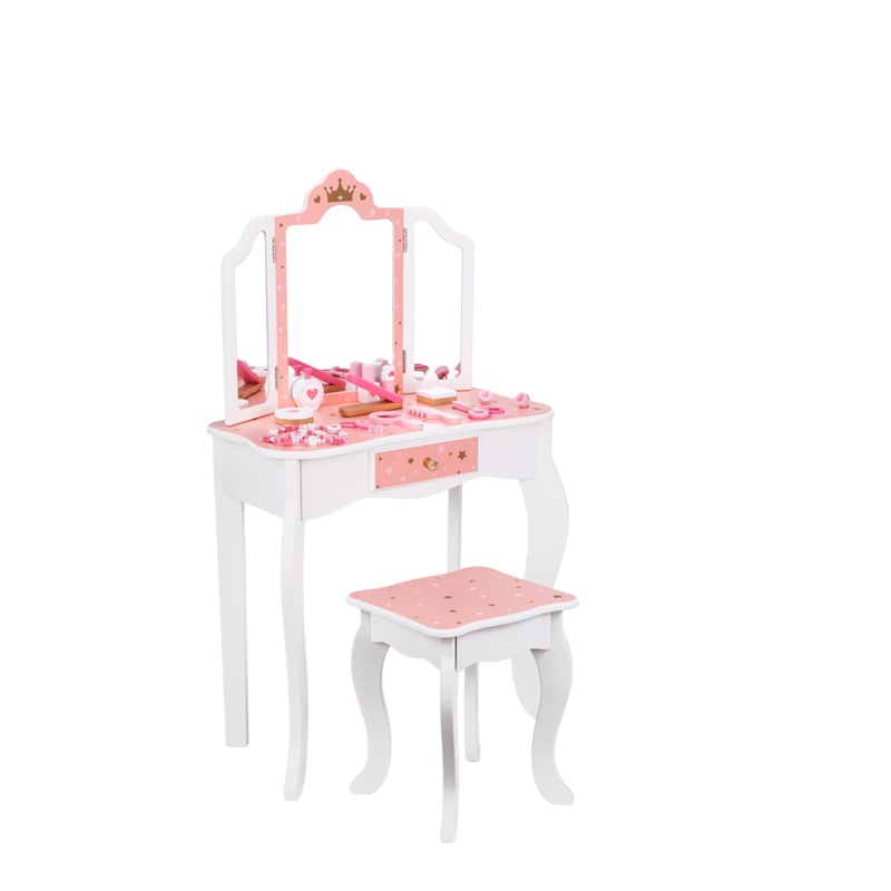 Girls Princess Makeup Pretend Play Wooden Vanity Dress-up Table Toys for Kids Role Play with Mirror