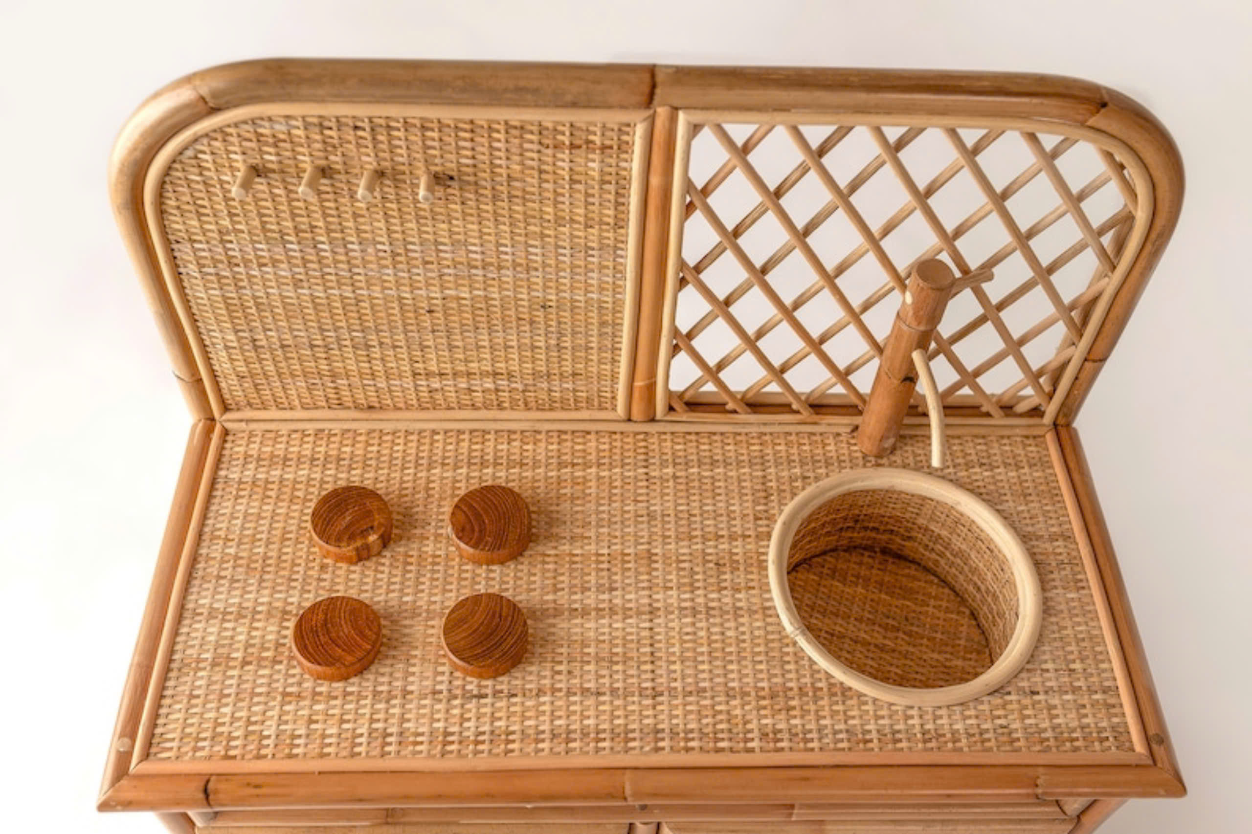 Small Sprouts Handmade Children's Pretend Play Kitchen Kitchenette Toy with Woven Rattan Design Bamboo Cabinet