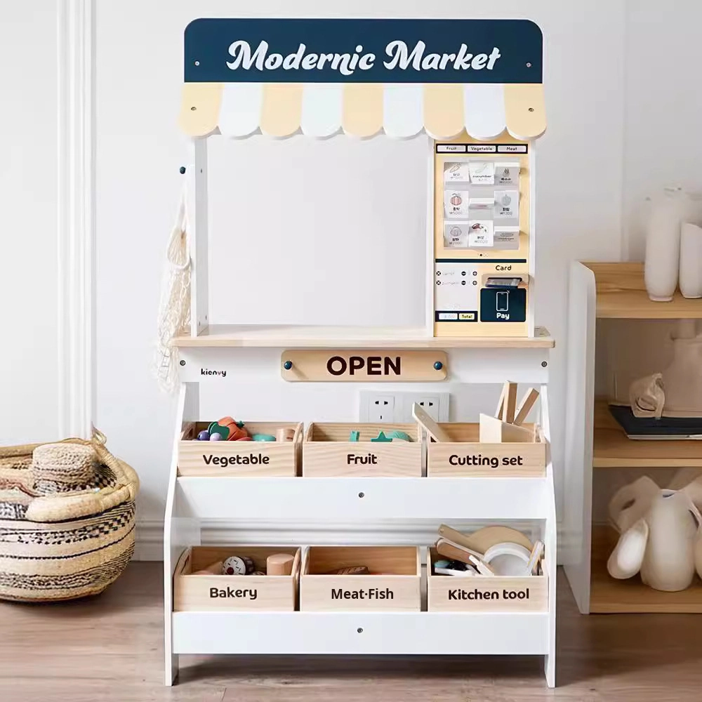 Kids Wooden Pretend Play Supermarket Set With Fruit Store Shopping Shelf Swipe Card Cashier And Mini Shop For Role Play
