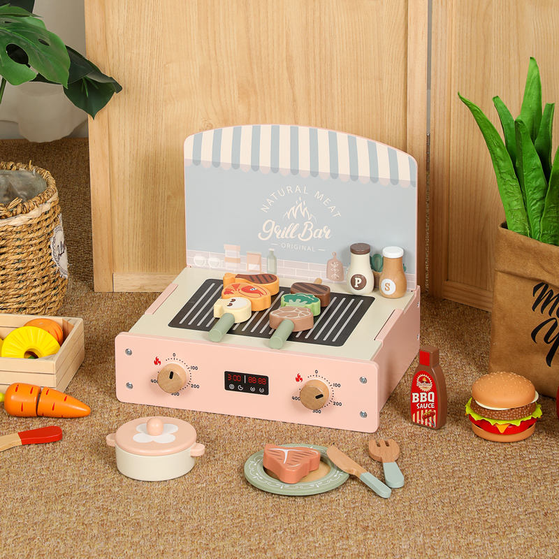 2026 Wooden Mini Portable Kitchen Stove Orange Pretend BBQ Grill Skewer Cooking Set Kids Role Play Toy for Kitchen Play