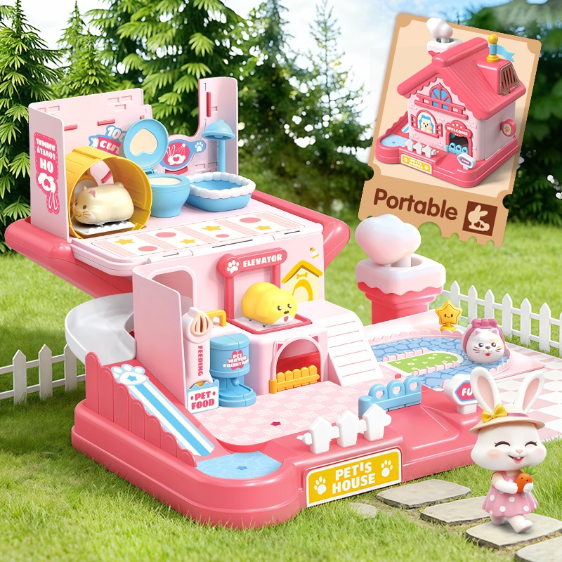Children Magnetic Play House Pretend Play Toys Set Portable Plastic Pet Magnetic Pink Doll House for Girls and Boys with Sound
