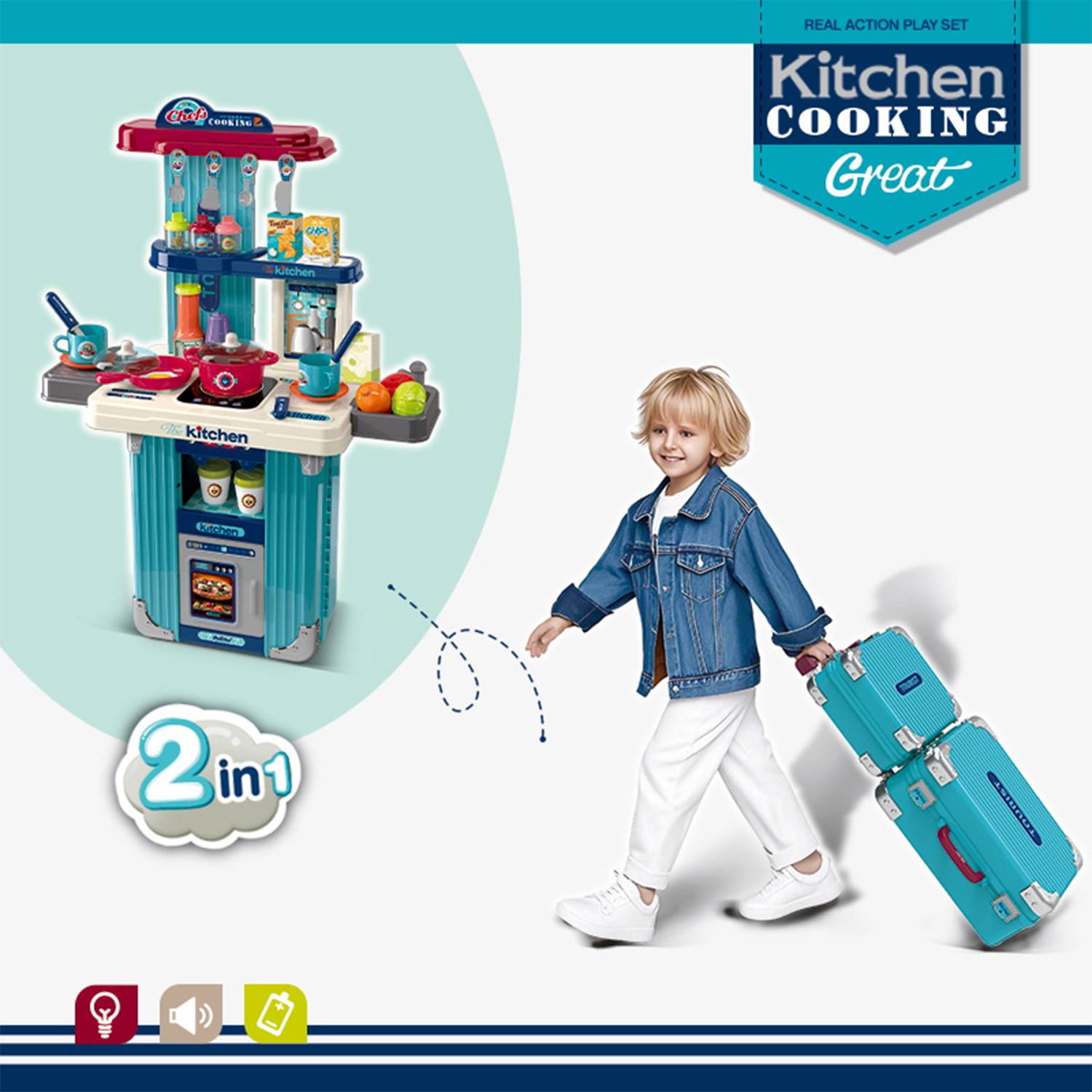 3 in 1 Plastic Kids Kitchen Set Toy Suitcase Pretend Play Preschool Cooking Game Toy Tableware Kitchen Toys for Girls