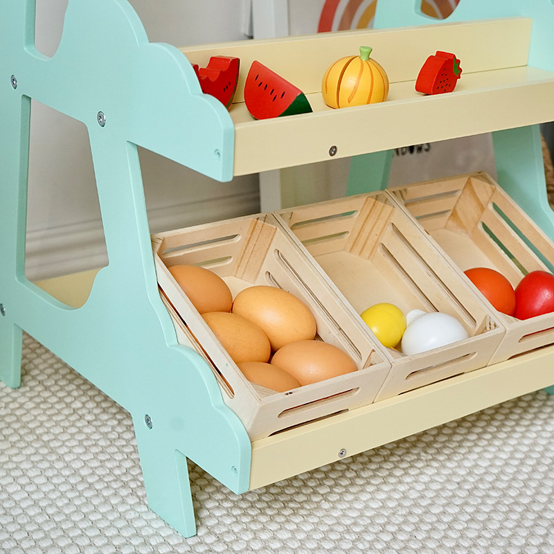 Wooden Grocery Shopping Pretend Play Toy with Shopping Cart Trolley for Preschool Kids