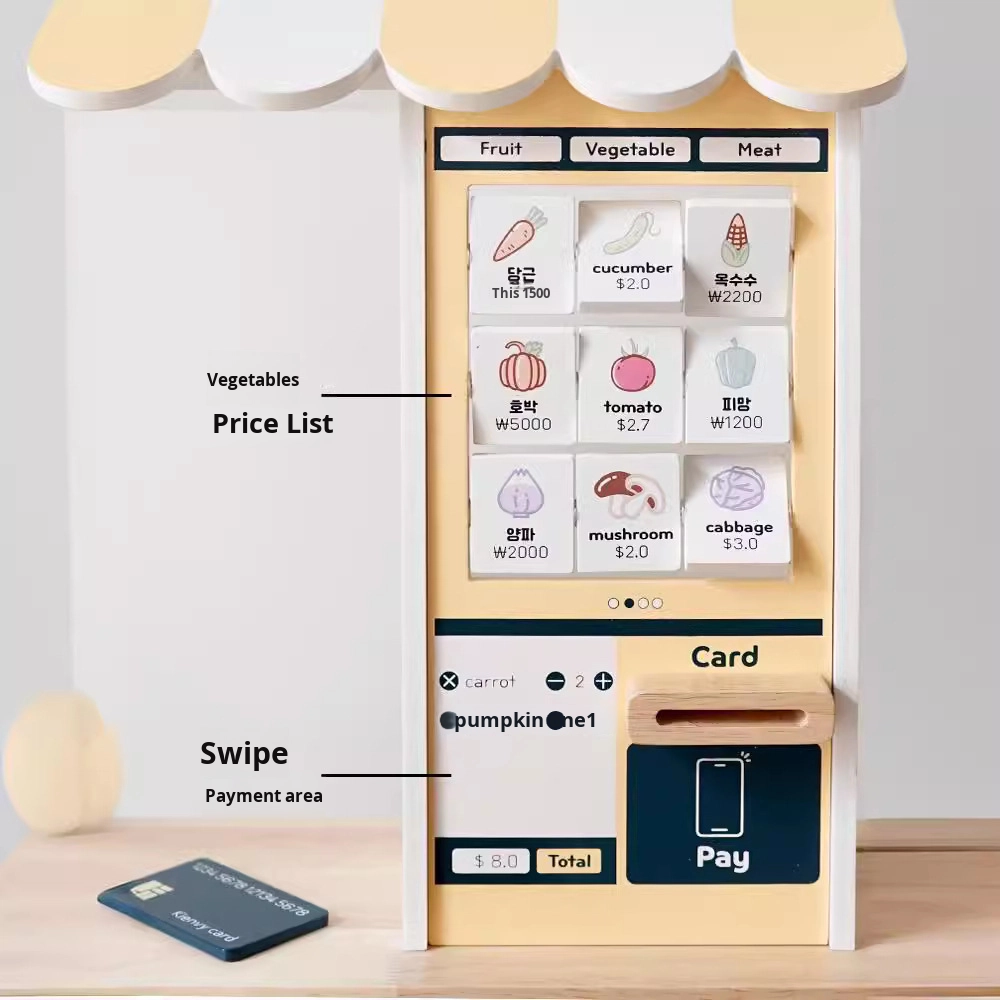 Kids Wooden Pretend Play Supermarket Set With Fruit Store Shopping Shelf Swipe Card Cashier And Mini Shop For Role Play