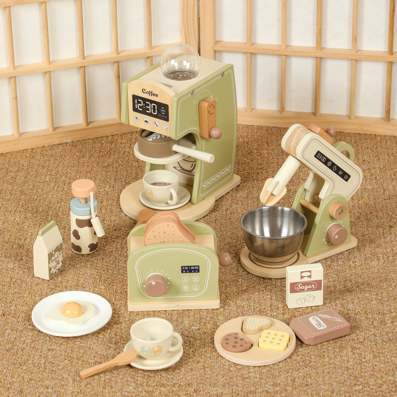 Wooden Kitchen Toys Coffee Maker Blender Bread Maker Set Kids Role Play Montessori Educational Pretend Simulation Food Learning