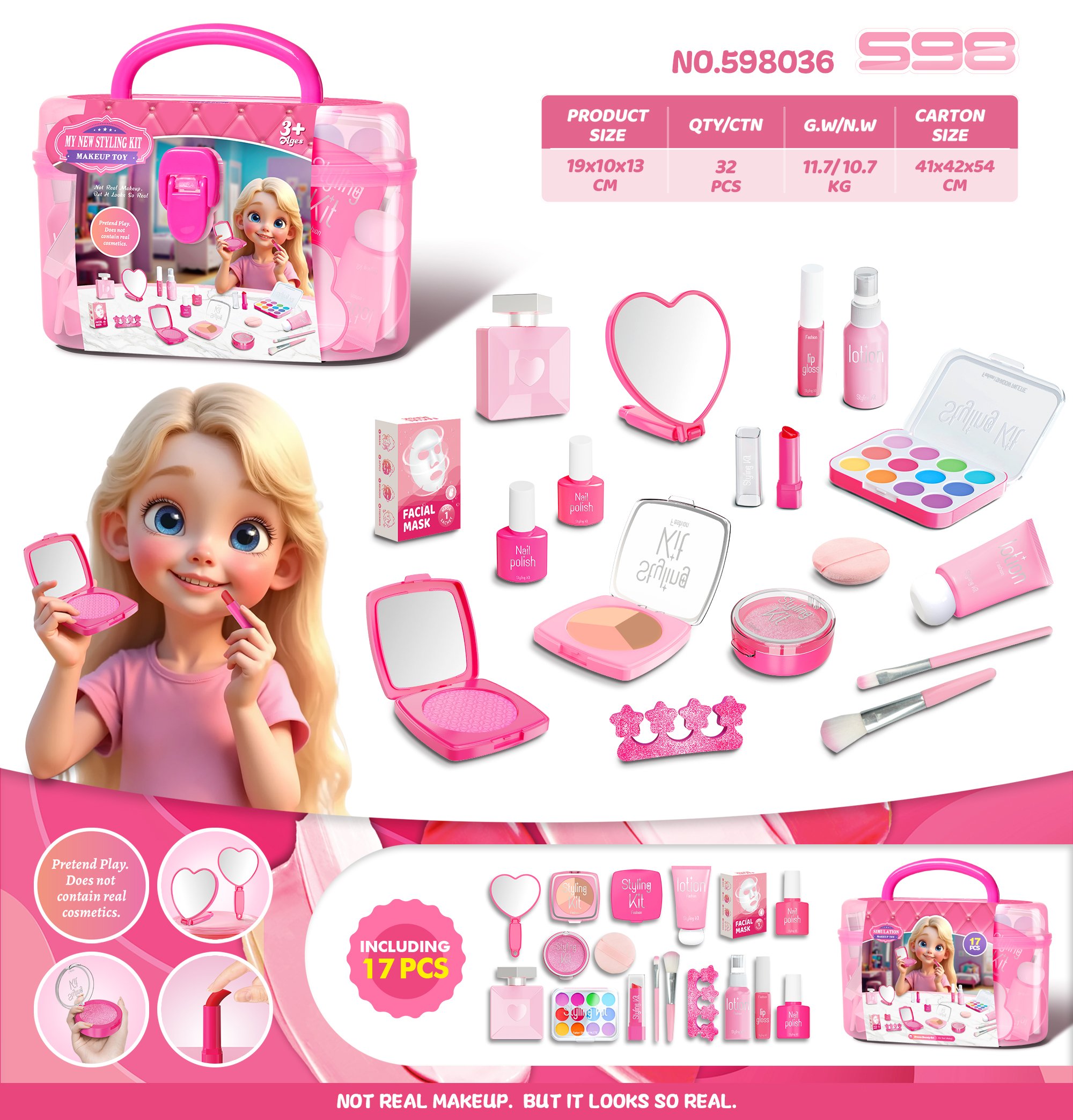FiveStar LED Mirror Set for Little Girls Kids Cosmetic Beauty Pretend Play Toys Simulated Phone Key Light Sounds Plastic